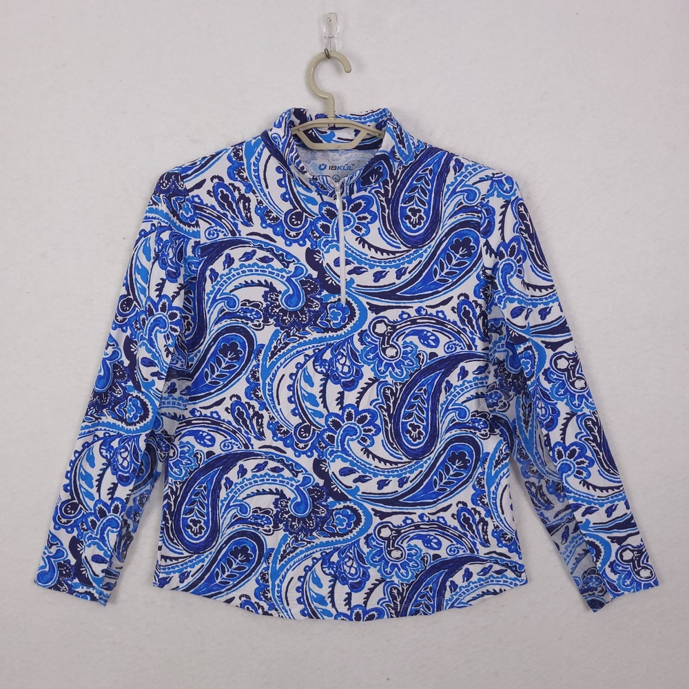 IBKUL Paisley Quarter Zip Sun Shirt Womens Large Blue White Golf Tennis Top